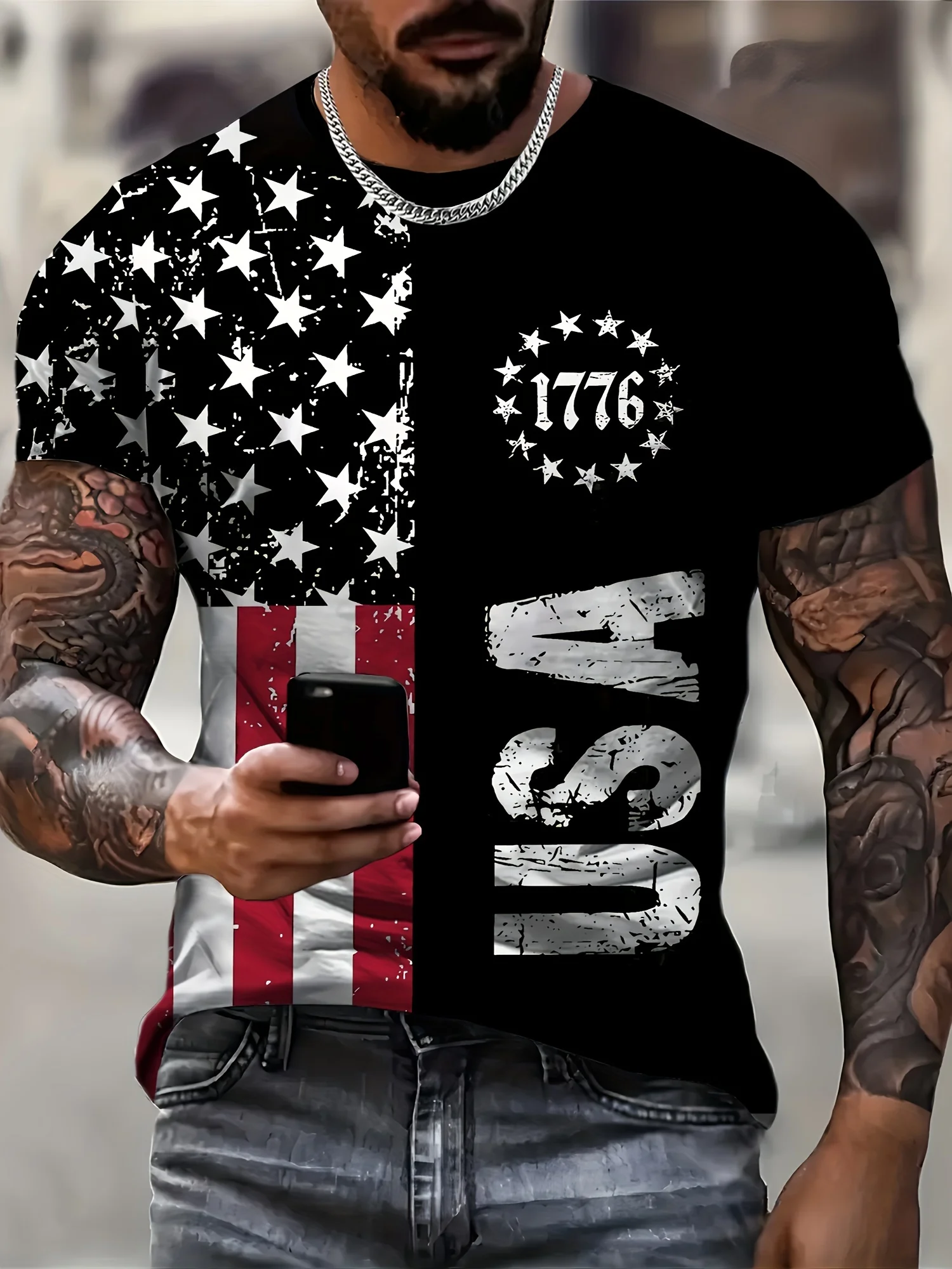 VintageT-Shirt For Men American Flag Graphic T Shirts 1776 Print Tees Short Sleeve T Shirts Outdoor Oversized Men's Clothing Top