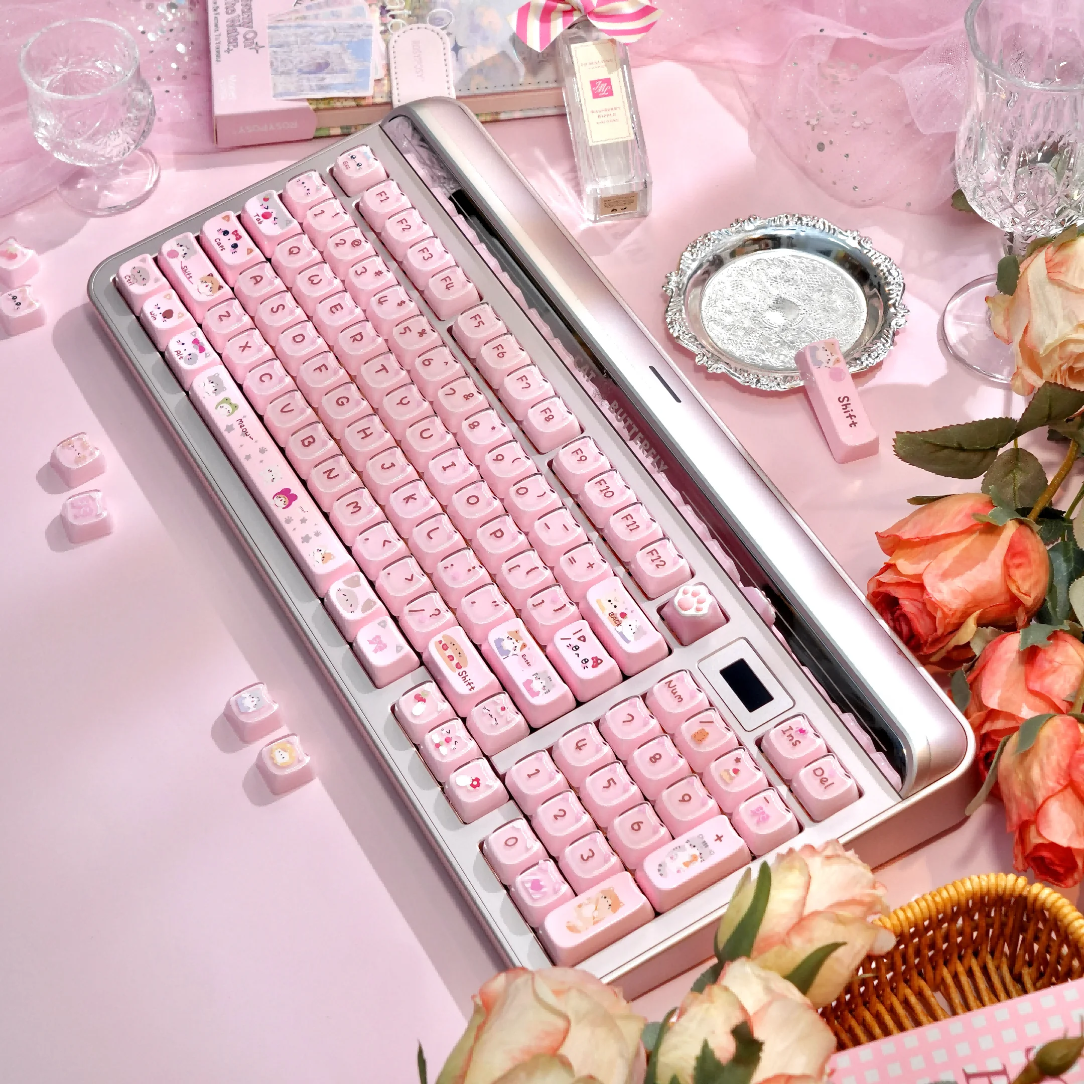 Cute Cat JellyTransparent Keycaps 130+ Keys PBT MAO Profile Keycap Cute PBT Sublimation for ANSI Aula Made68 Mad68 Wooting60