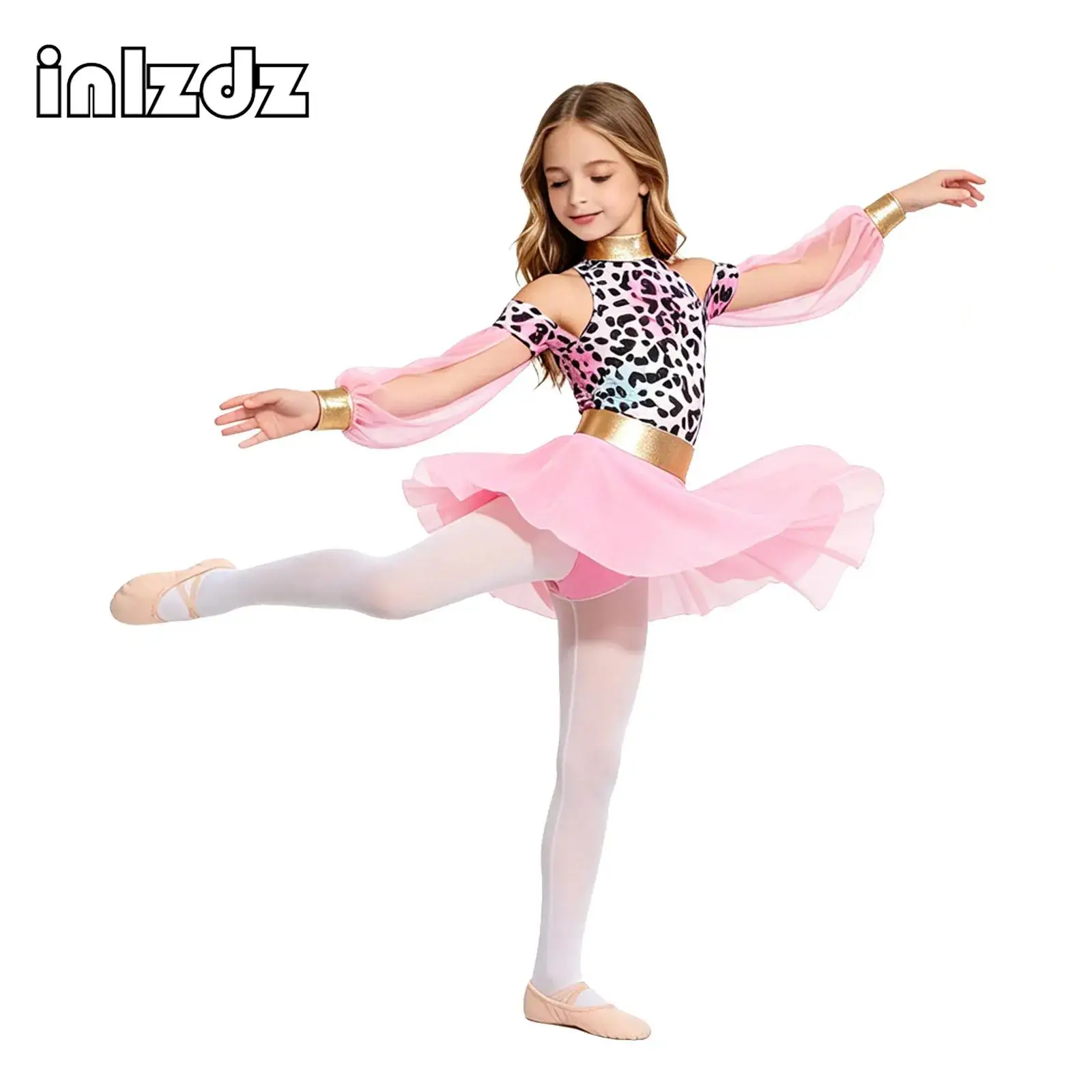 Teen Girls Prehistoric Cave Stone Costume Leopard Metallic Dress And Oversleeves for Ballet Lyrical Modern Skating Performance
