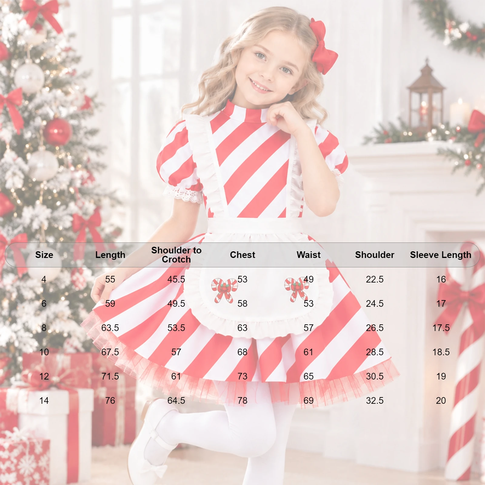 Kids Girls Christmas Candy Cane Costume Lace Trim Puff Sleeves Tulle Lining Striped Dress with Ruffles Apron for Festival Party view 6