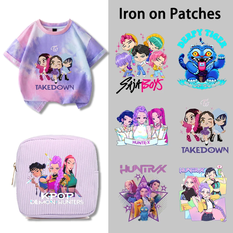 

Move K-Pop Demon Hunters Iron on Patches Cute Cartoon Handbag Clothing Decals Fashion Heat Transfer Stickers Kawaii DIY Clothes