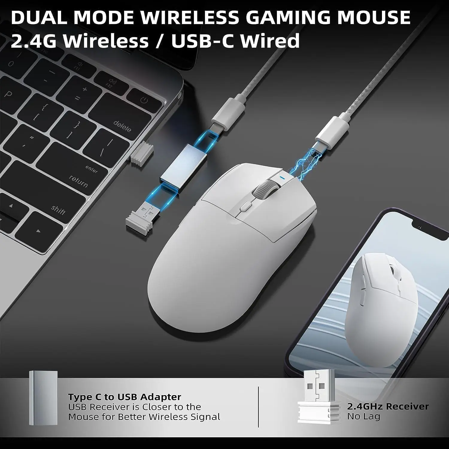 A.JAZZ AJ139 G Pro souris de jeu sans fil ultra-légère 59g avec récepteur double mode filaire/2.4Ghz jusqu'à 26K DPI, ergonomique