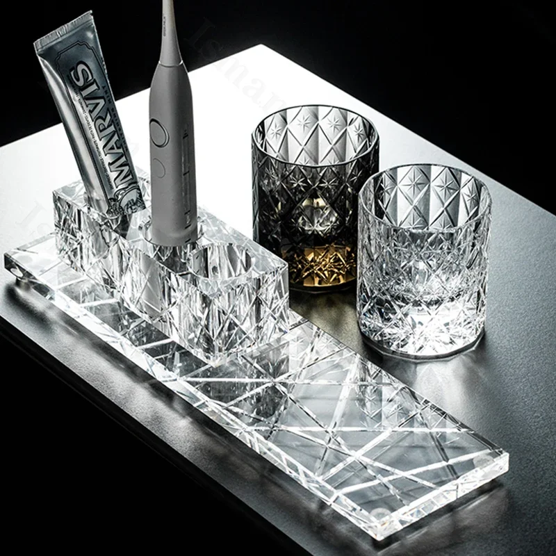 Advanced Crystal Toothpaste Dispenser Bathroom Accessories Set Luxurious Villa Glass Toothbrush Cup Bathroom Decor Storage Tray