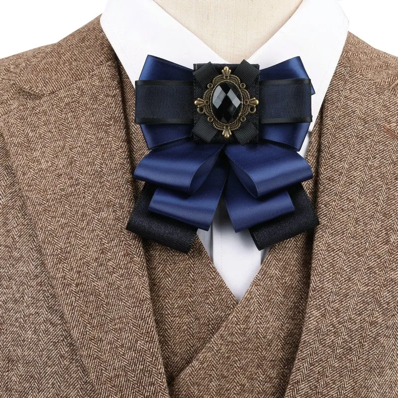 Man New Retro Rhinestone Ribbon Bow Tie Jewelry Brooch Women\'s Shirt Collar Solid Business Office Casual Neckties Accessories