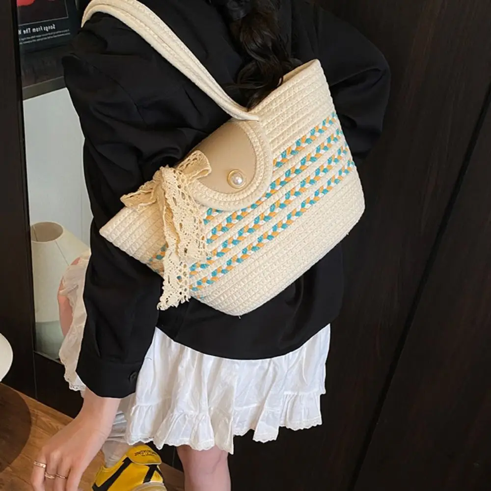 

Casual Shoulder Bag Woven Tote Bag with Ribbon Solid Color Stripe Tote Handbag Korean Style Underarm Bag Summer Beach Bag Female