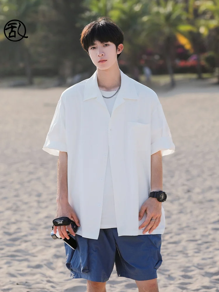

White Ice Silk Men's Short Sleeve Shirt Casual Loose Fit Summer Fashionable Brand Rampo Polyester Blend Button up Youth Style