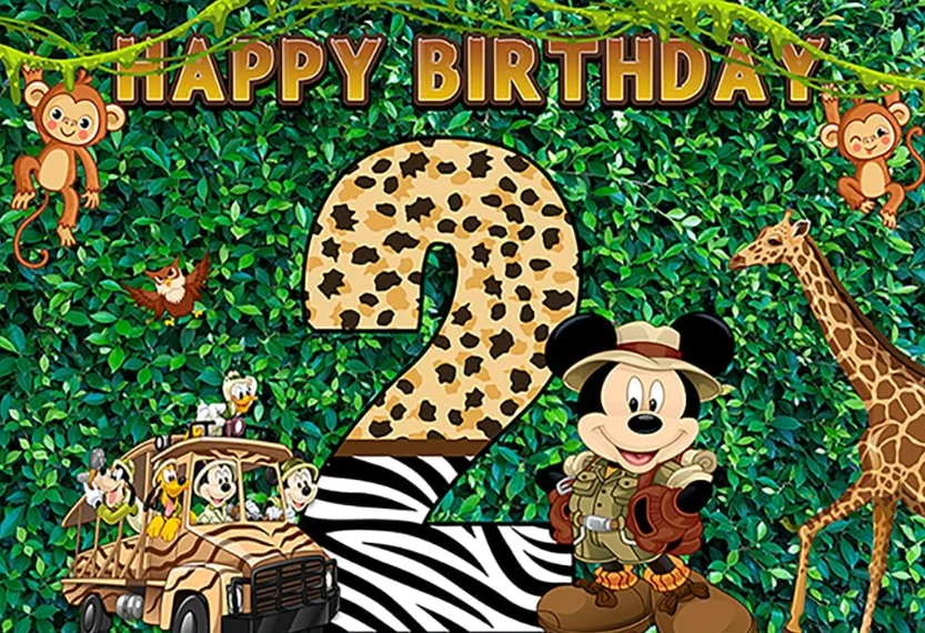 أوراق خضراء خلفية لميكي سفاري ، خلفية صور سفاري الغابة ، ديكورات متوافقة ، حفلة عيد ميلاد الثانية
