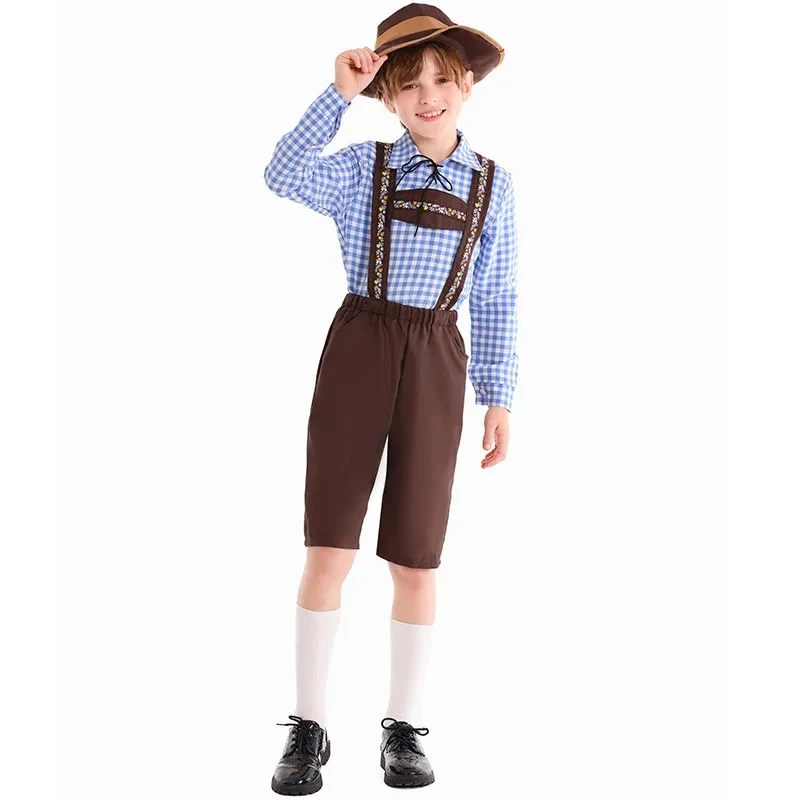 

German Bavarian Traditional Children's Festival Beer Oktoberfest Boys Costume Halloween Party Cosplay Top+Suspender Shorts+Hat