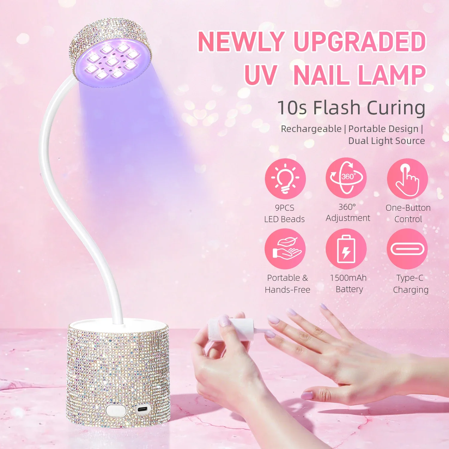 DianaBeauty nagellamp LED UV-nageldroger met zilveren strass 27 W oplaadbare UV-tafellamp met 2 timerinstellingen nagelgereedschap
