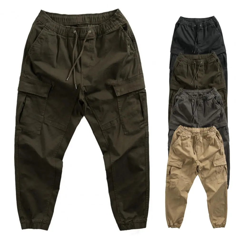 Pantalones de chándal con cordón para hombre, pantalones Cargo ligeros con múltiples bolsillos para exteriores, pantalones casuales de Color puro