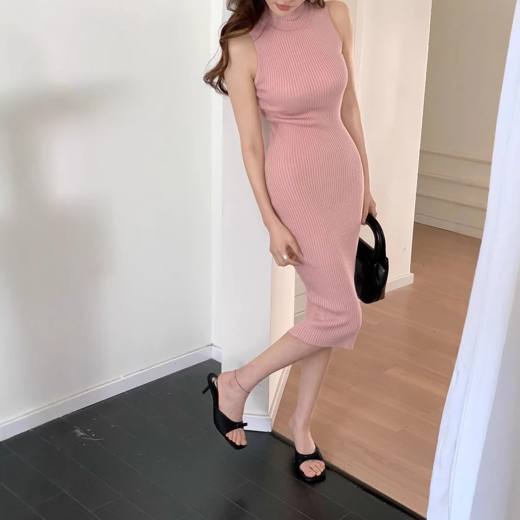

7999 Summer New Pure Desire Half High Neck Ribbed Sleeveless Waist Slimming Bodycon Mid-Length Tank Dress
