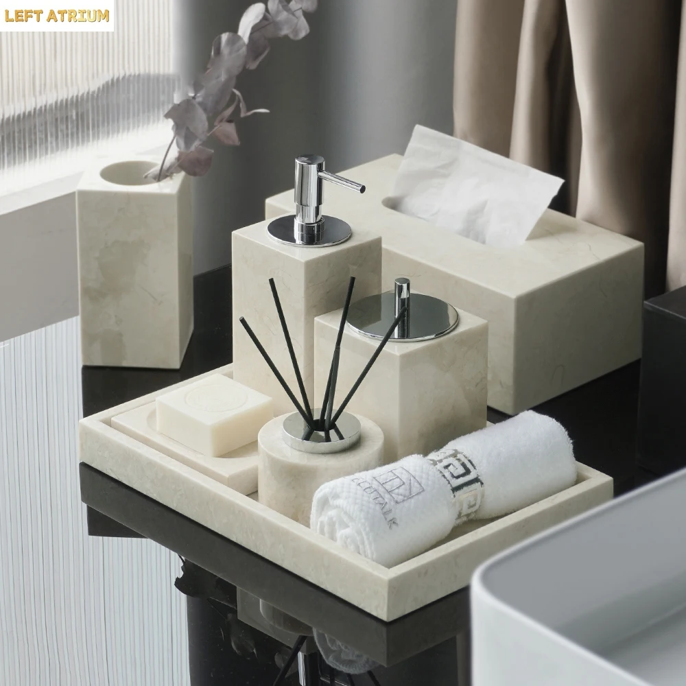 Juego de Accesorios de Baño de Mármol Natural Emperador Light, Elegante Dispensador de Jabón, Jabonera, Bandeja para Artículos de Baño