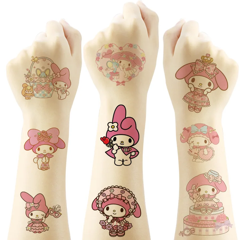 Tatuajes temporales de Hello Kitty para niños, calcomanías de colores duraderos, Kawaii, Kuromi Cinnamoroll