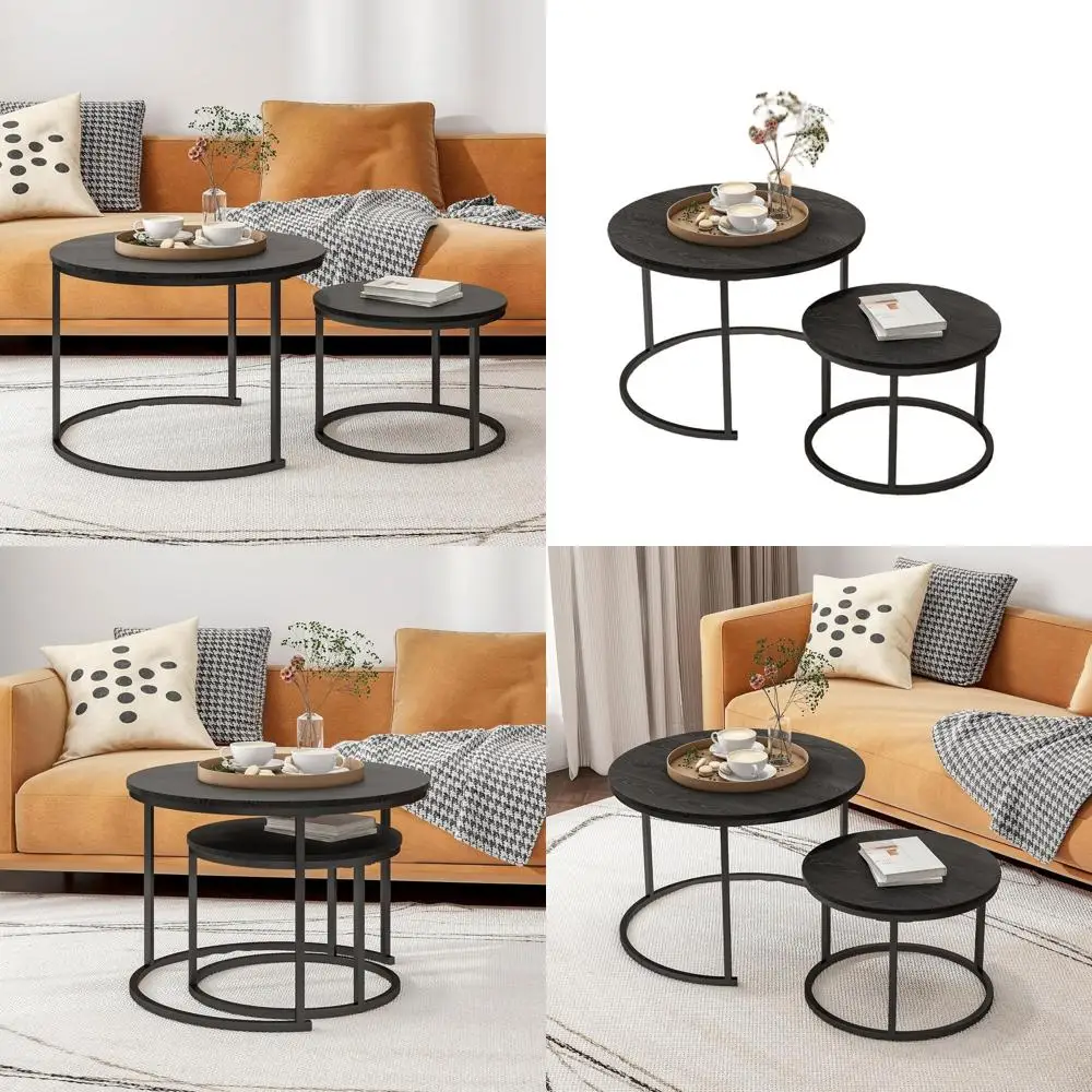 

Modern Nesting Coffee and End Tables Set, Black Wooden Accent Furniture with Metal Frame, Sturdy Stackable Side Tables for Livin