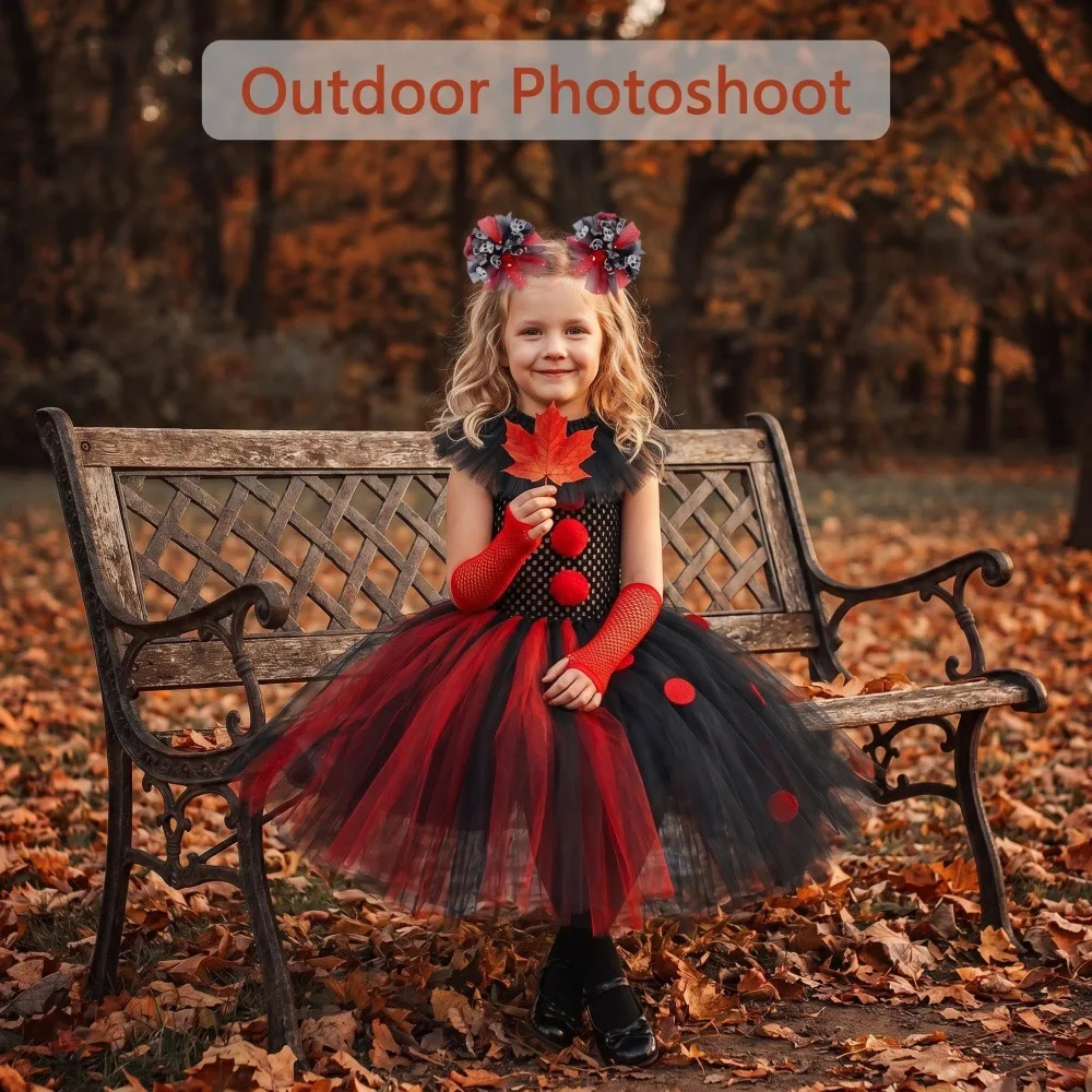 Theeper Black&Red Fluffy Mesh Tutu Dress Clown Style Layered Tulle Gown Halloween Attire For Stage Show Themed Party Gatherings