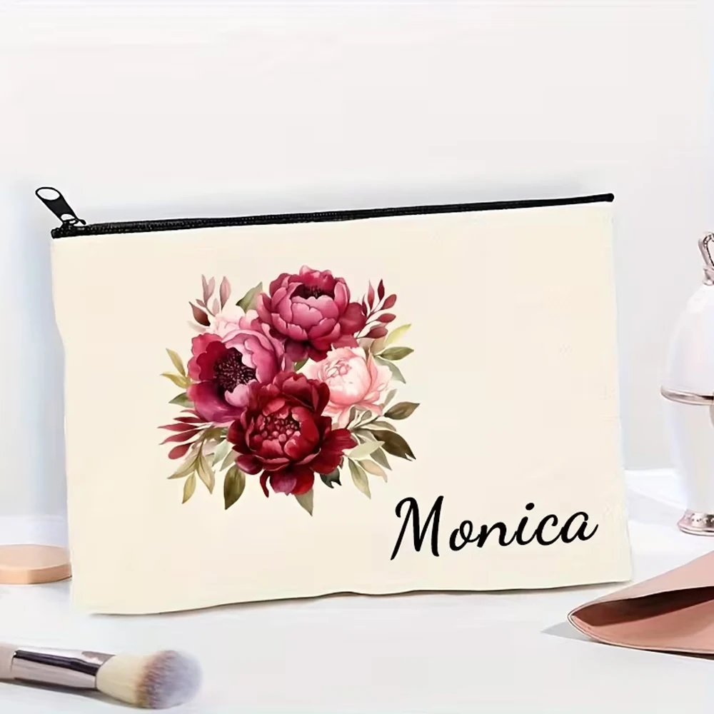 1 Custom Name Floral Pattern Printed Makeup Bag, Lightweight Travel Toiletry Storage Bag, Bridesmaid Gift, Teacher Birthday Gift, Mother's Day, Valentine's Day, Easter, Independence Day Gift, Travel Toiletry Bag