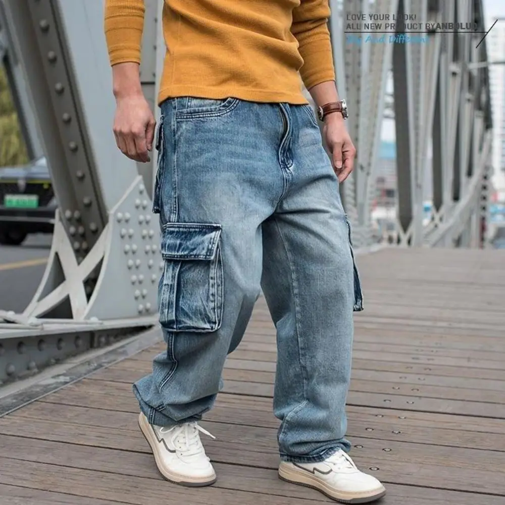 Fashion Cargo Pants Men Casual Jeans Hiphop Trousers Straight Loose Baggy Streetwear Denm Large Size Retro Distressed Pocket