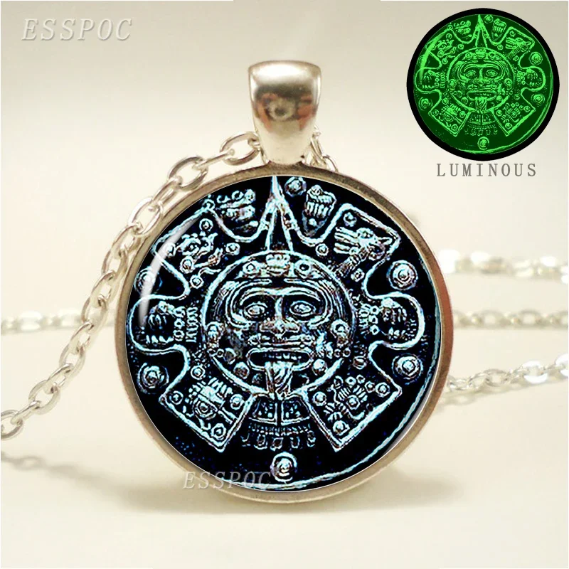 Aztec Jewelry Aztec Calendar Mexican Pendant Luminous Green Glass Cabochon Glow In The Dark Mayan Jewelry Necklace Friends Gift