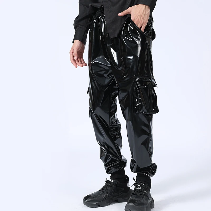 

Men Jazz Dance Pants Balck Leather Harem Pants Male Hip Hop Dancing Trousers Nightclub DJ Singer Gogo Dance Costume XS7423