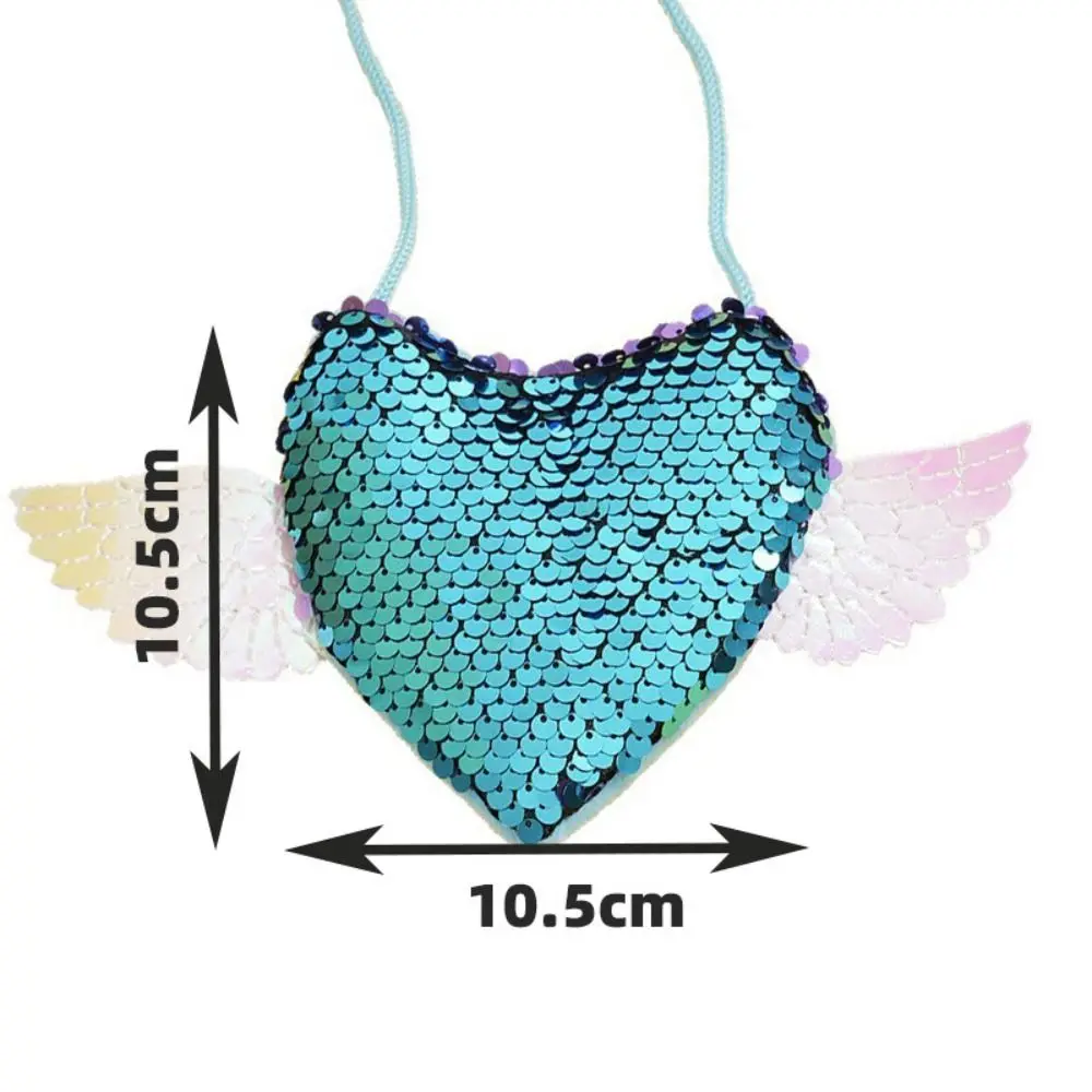 Sequin Sequin Heart Purse Wing Detail Drawstring Kids Shoulder Bag Heart Shape Adjustable Strap Angel Wing Pouch Party Gifts view 6