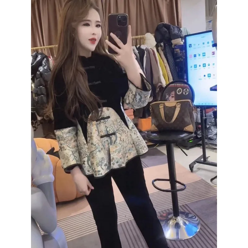 

Spring New Chinese Style le Design Velvet Spliced retro Printed Loose Stand Collar Long Sleeve Shirt