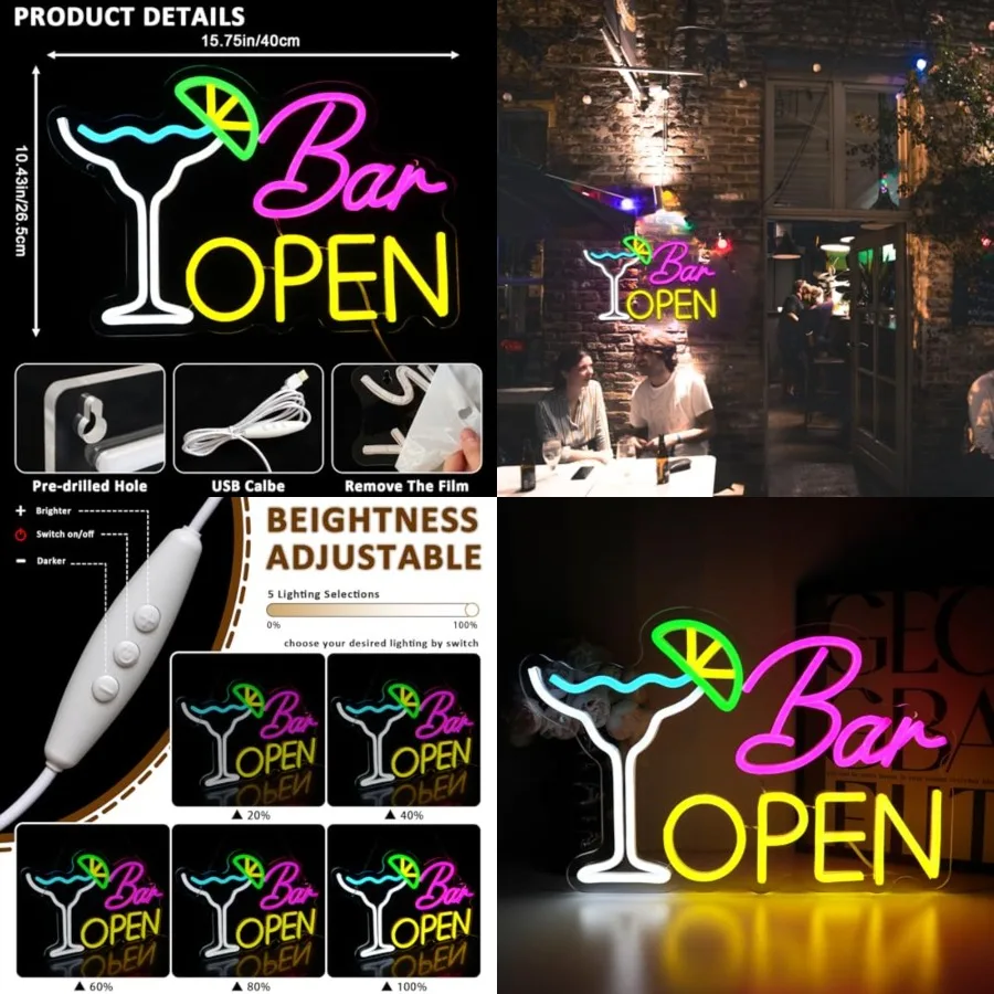 

Sign for Business, Neon Open Sign, USB Dimmable Cocktails Neon Lights for Beer Bar Coffee Cafe Home Pub Man Cave Stores Hotel P