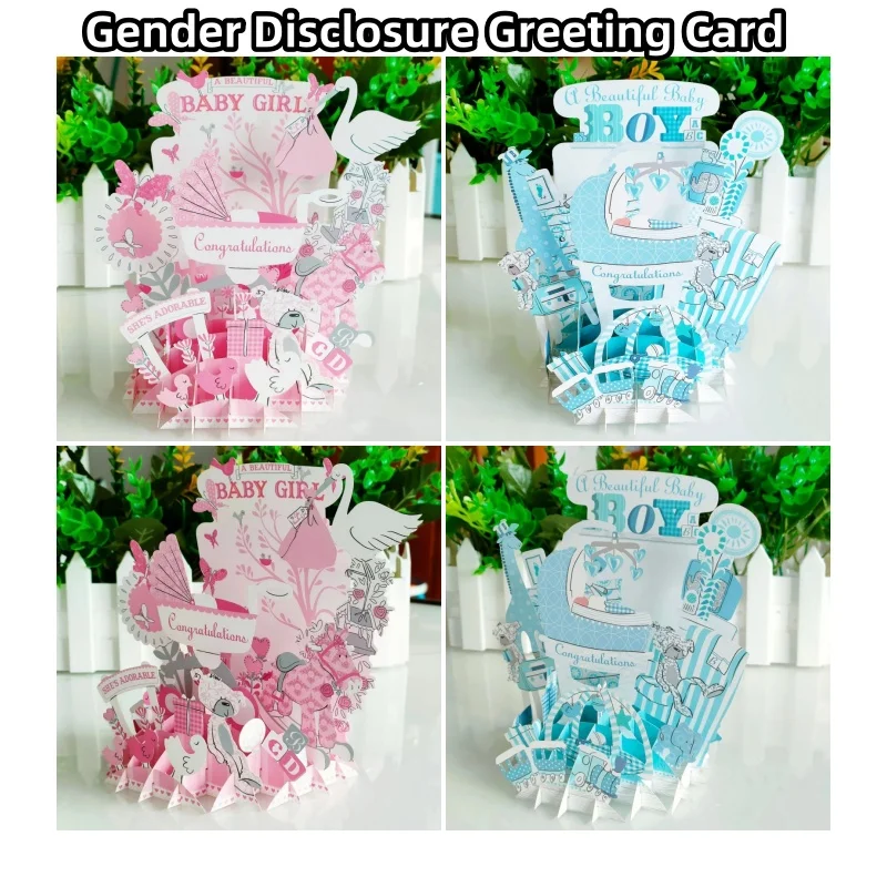 

Baby Gender Party Pink Blue Greeting Cards 3D Paper Sculpture Greeting Card Ornament Holiday Gift With Mystery Envelope