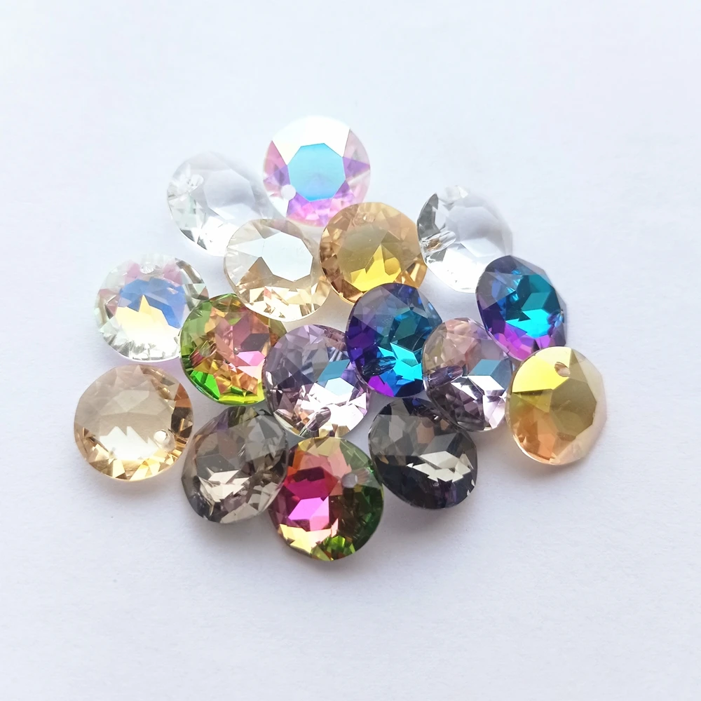 12MM Round Single Hole Glass Rhinestone Pendant High Quality Crystal AB Rivoli Gemstone Cut Diamond for Sewing Diy Craft Garment