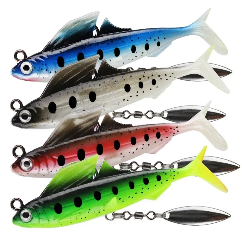 

ZWICKE 1PCS 85mm 12.5g T-Tailed Bionic Soft Fishing Lure Wobbler with Rotating Spinner 3D Eye Sinking Luminous Artificial Bait