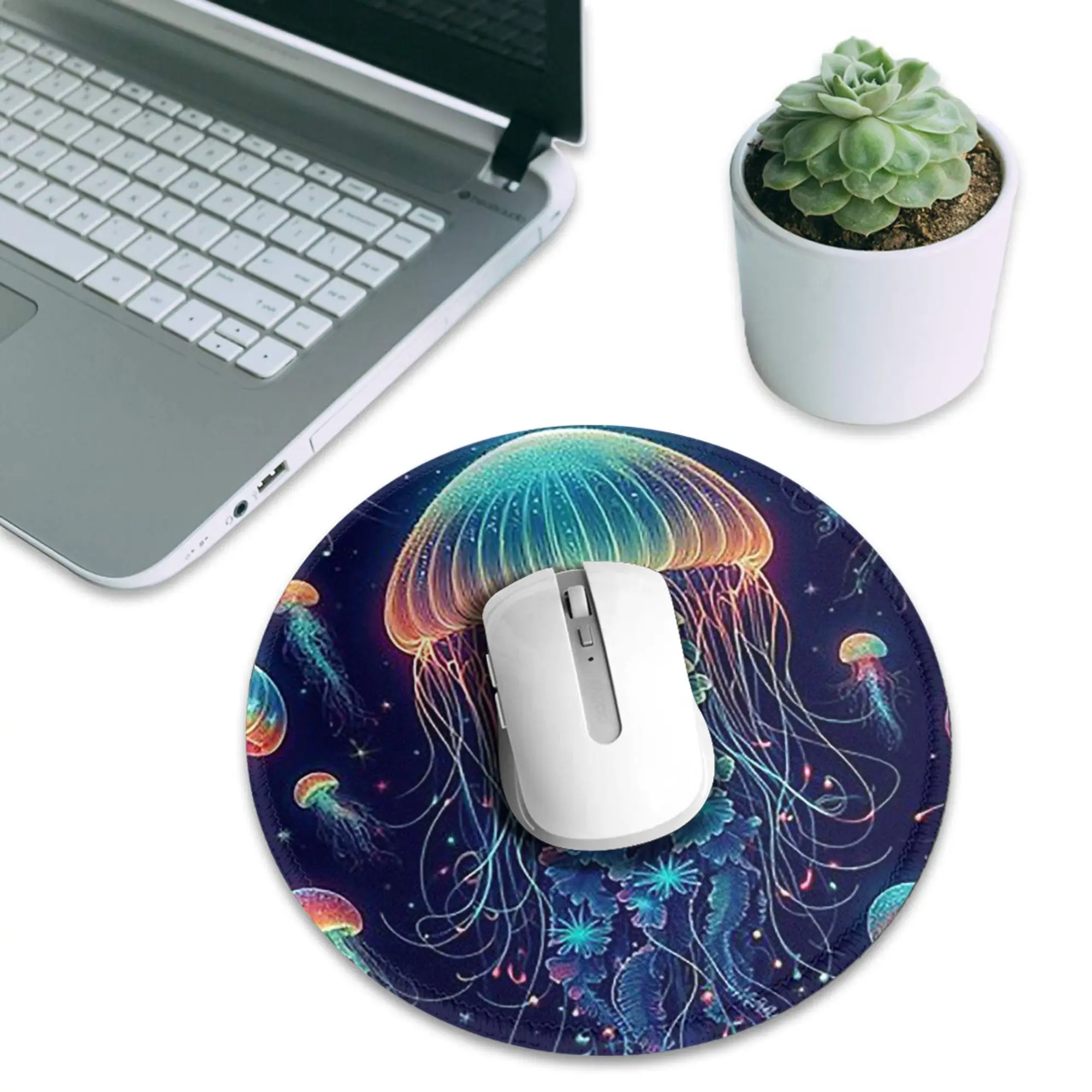 Luminescent Rainbow Jellyfish on Navy Blue Mouse Pad Computer Keyboard Mouse Mat Gamer PC Laptop Desk Mat Accessories Table Mats