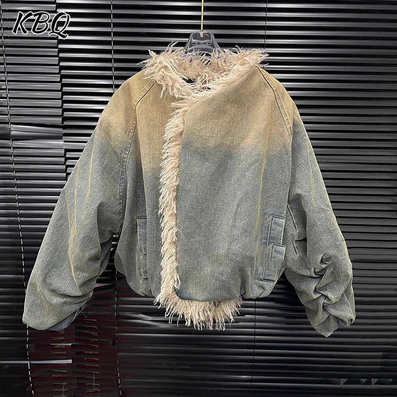 

KBQ винтажная хлопковая куртка с градиентом для женщин, ковбойская свободная повседневная одежда с меховым воротником и длинными рукавами, теплые пальто, женские зимние новые