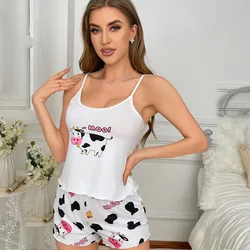 Two-Piece Set Women Sexy Camisole Top Shorts Casual Pajamas Cartoon Cow Pattern Print Versatile Sports Suspenders Loungewear