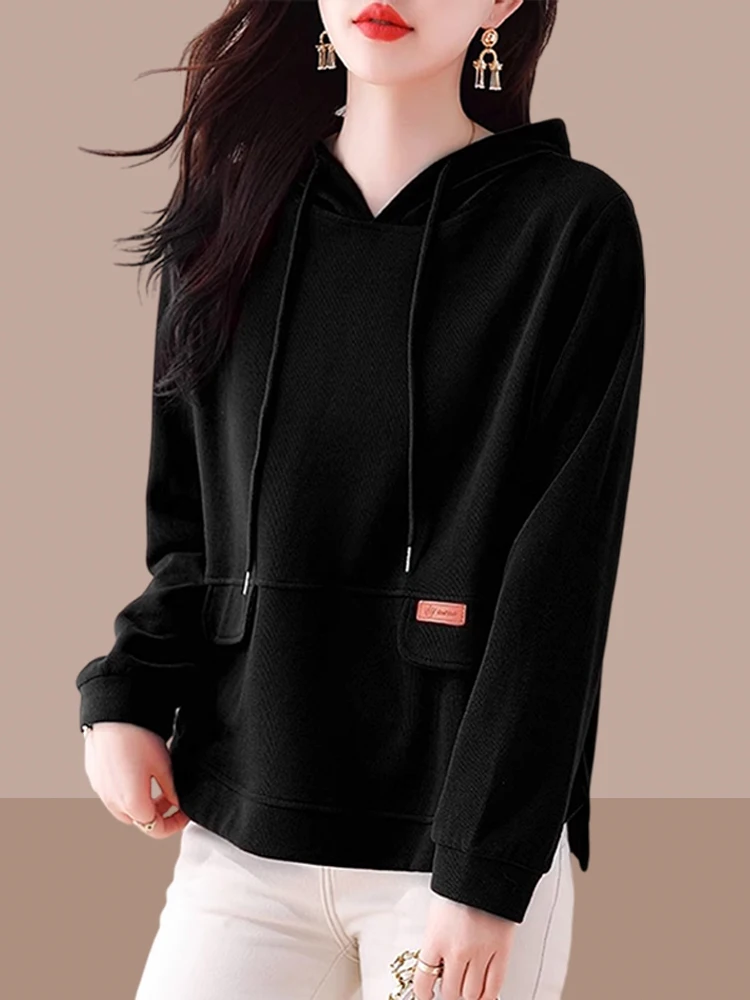 Ladies Short Sleeve Long Hoodie Spring Autumn Thin New Style Casual Popular Early Spring Top Korean Style Pure Color Commute