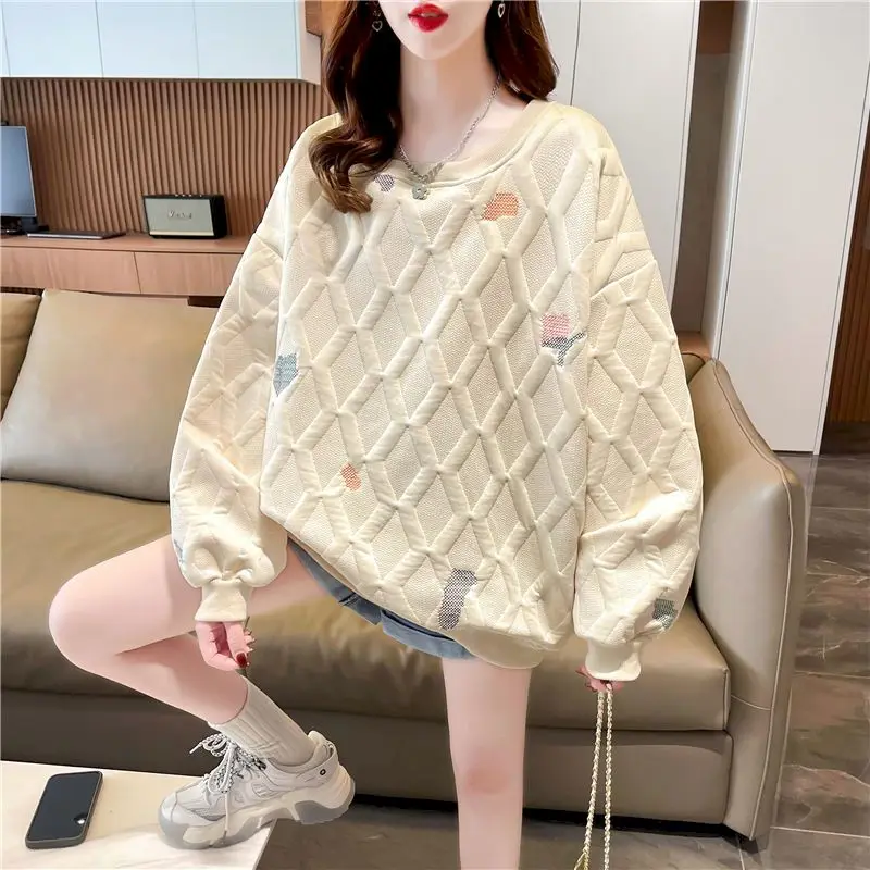 Fashion Rhombus Plaid Pullovers Women Casual Cute Printed Tops Spring Autumn Trend Pullover Loose Design Sense Sweatshirt Y2k