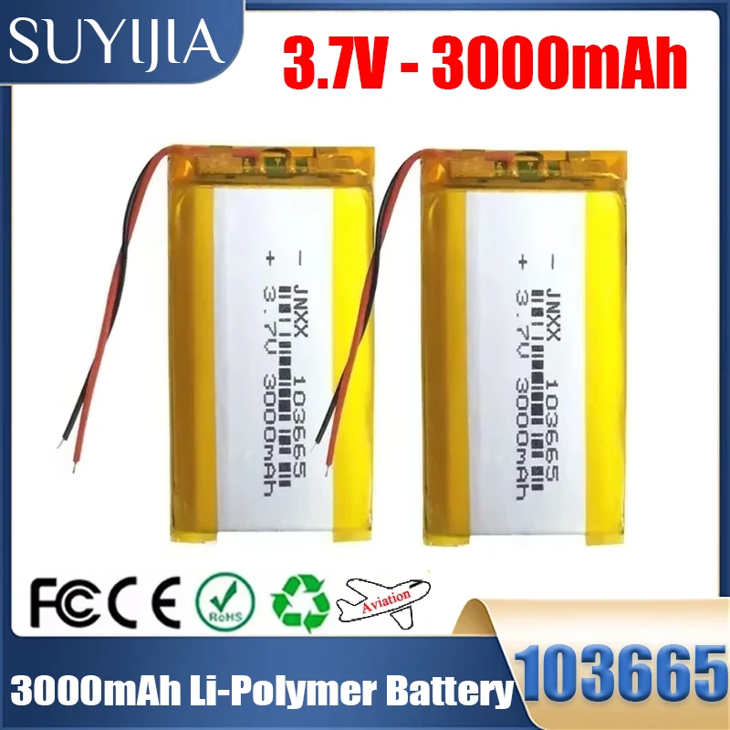 3.7V 3000mAh 103665 Li-polymer Battery Polymer Li-ion Cells for Open Source Console Beauty Equipment LED Lights Driving Recorder