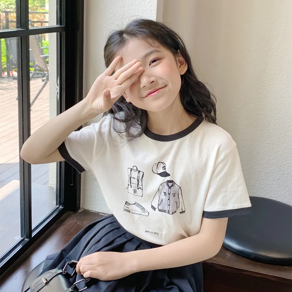 kids clothes girls tops summer girl clothes Casual short sleeved T-shirt Graffiti printed cute cotton T-shirt