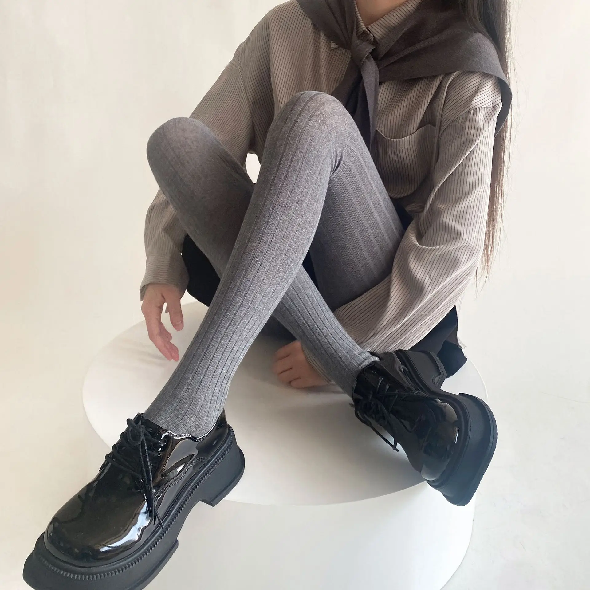 

New Autumn Winter Leggings Women European-style Thin Solid Color Vertical Striped Simple Versatile Legging Popular Ladies Tights