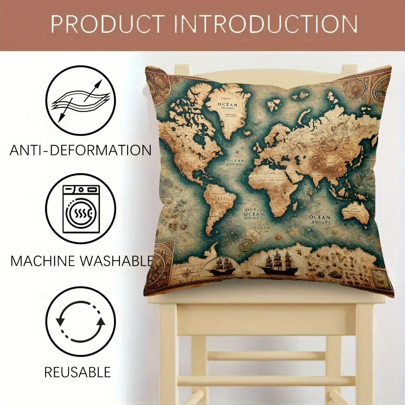 Vintage World Map Pillow Cover Double-Sided Print with Ships Compass Design for Bed Sofa or Chair Gift Nautical Theme No Insert