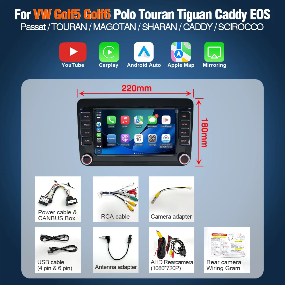 AUTOTOP 7" YouTube draadloze CarPlay Android auto multimediasysteem autoradio RDS voor VW Golf 5 6 Passat Polo Touran Tiguan Caddy EOS