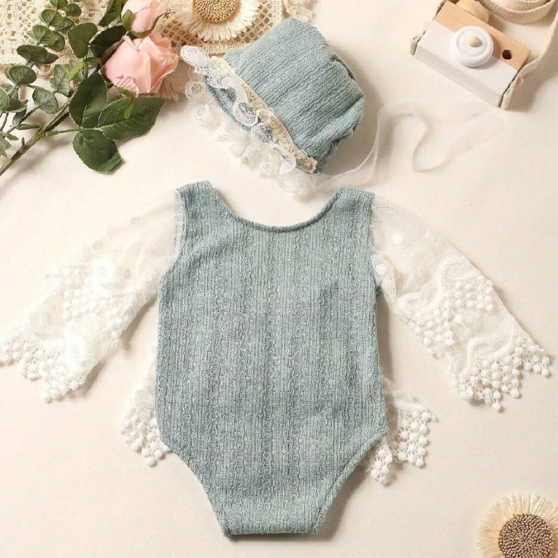 0-1M Baby Girls Photography Props Lace Dress Jumpsuit Bonnet Hat Newborns Photo Props Photoshooting Hat & Romper Costume