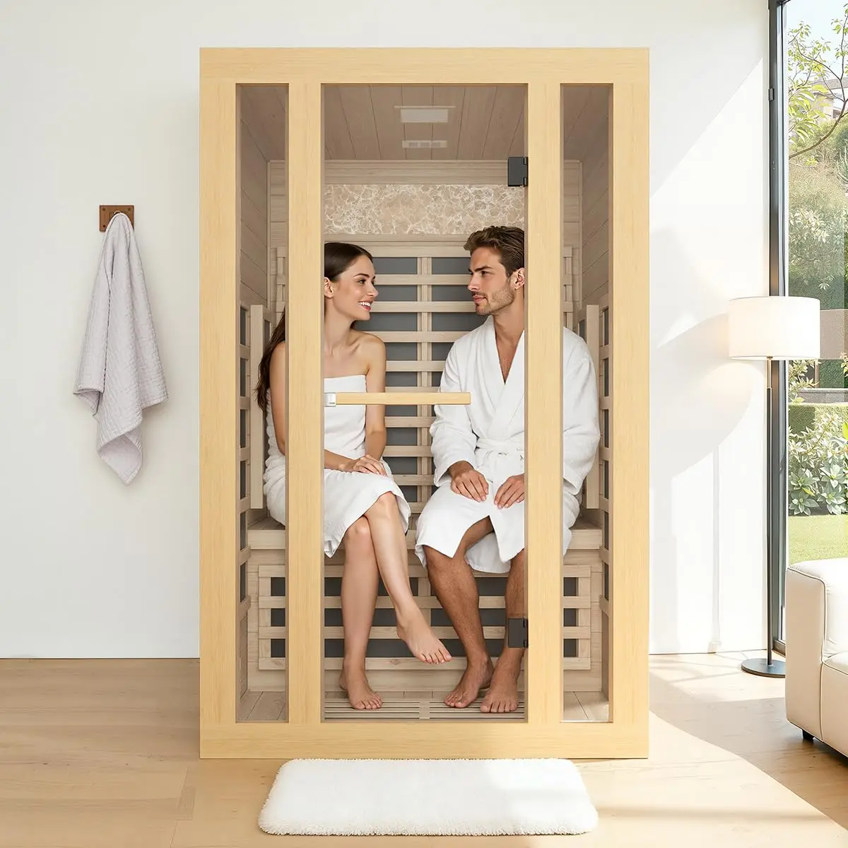 2 Person Far Infrared Sauna, Canadian Hemlock Thickened Wood, Extra-Thick Explosion-Proof Glass, 2000W Low EMF 110V, Customized