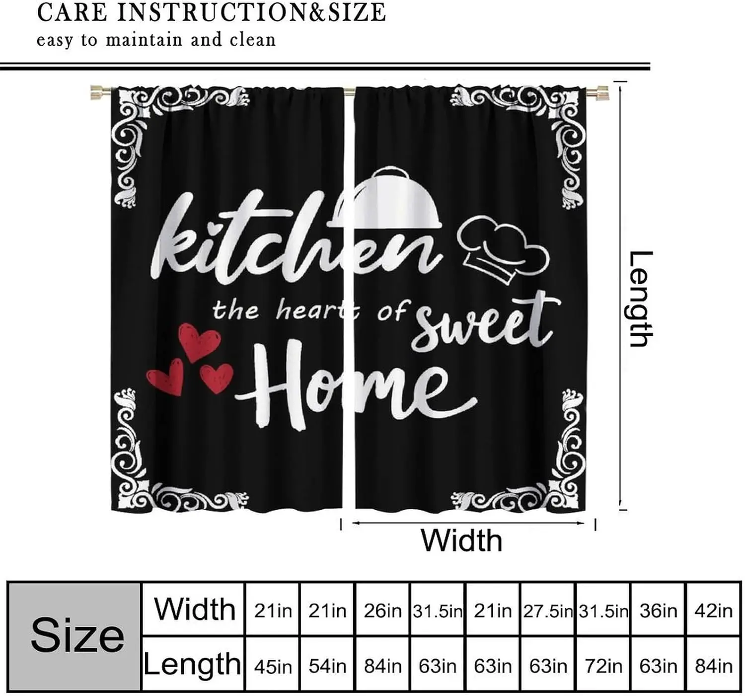 Farmhouse Kitchen Curtain Panels, Vintage Black White Script Quote Chef Hat Heart Art Print Drapes for Cafe Kitchen Dining Decor