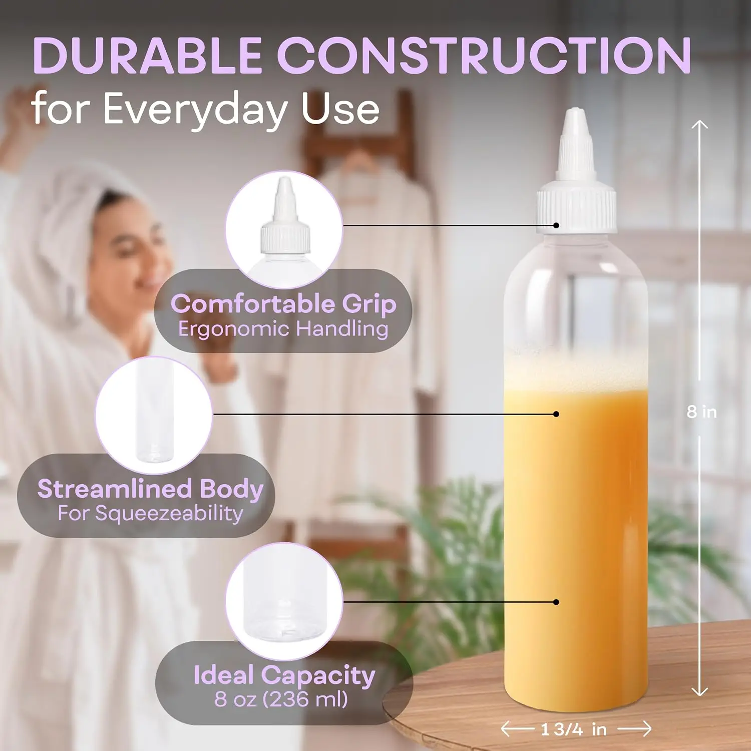 Twist Top Applicator Bottles, 8 OZ Crystal Clear, Squeeze Empty Plastic Bottles, BPA-Free, PET, Refillable, Open/Close Nozzle -