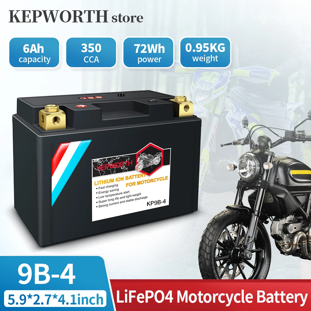 Batteria per Moto KEPWORTH 9B-4 LiFePO4 12V 6AH con BMS Intelligente per Moto ATV UTV Scooter Quad Motoslitta YT9B-4 YT9B-BS 12N9-4B