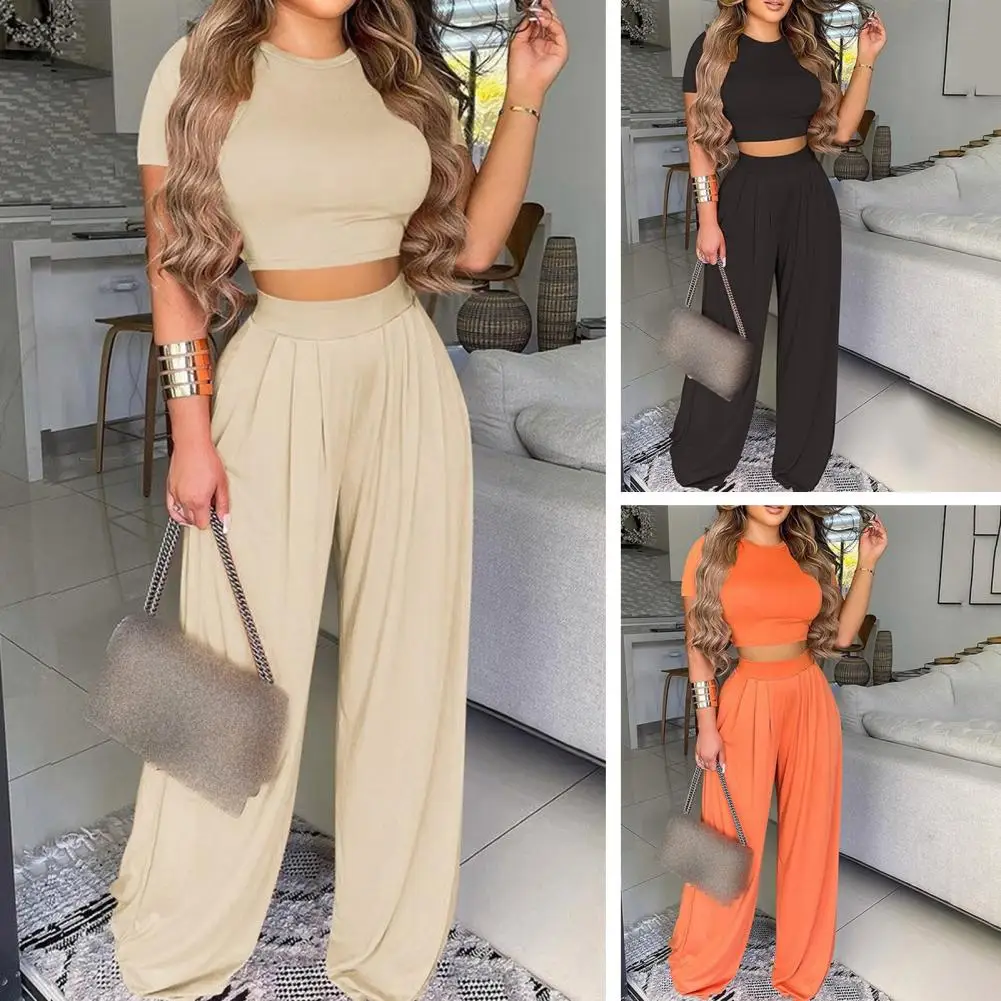 Casual Outfit Lightweight Summer Outfit Soft Activewear  Classic Crop Top Straight Wide Leg Pants Set