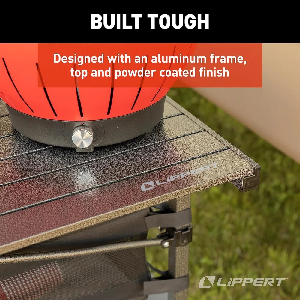 Lippert Camping Dining Table, Slatted Aluminum Tabletop, Foldable Design, Heavy-Duty Steel Legs, Powder-Coated Protection, Mesh