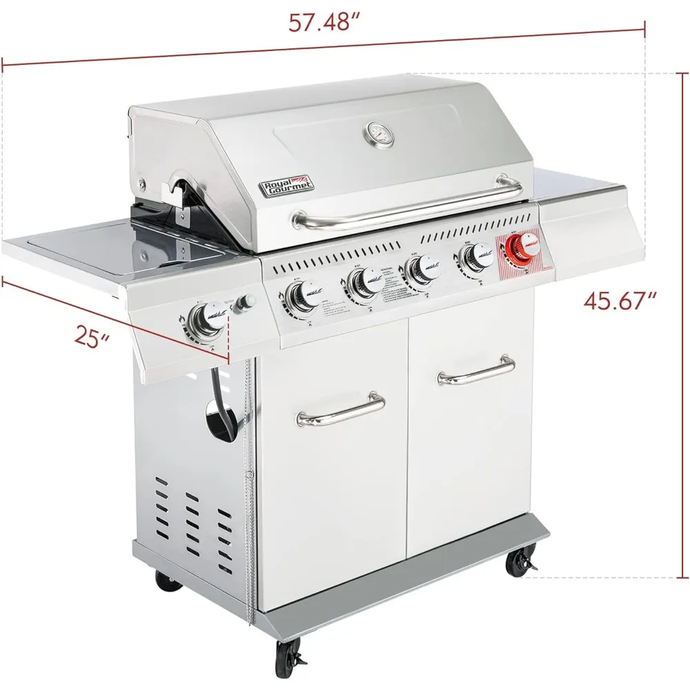 Propano Gás Grill com queimador lateral, aço inoxidável churrasqueiras, prata, GA5404S