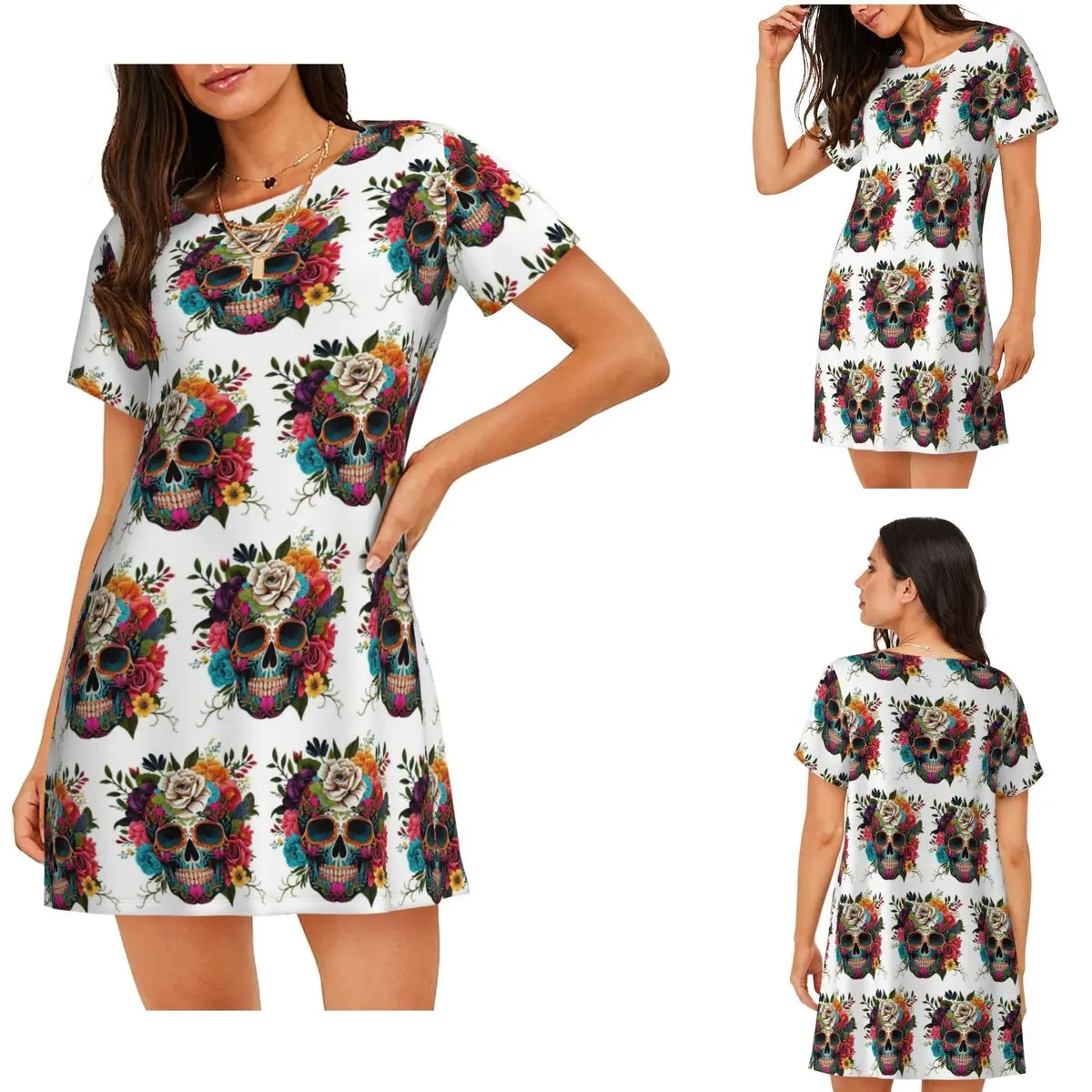 

Custom Skull Print Horror Skeleton Death Short Sleeves Nightdress For Sleeping Women Short Sleeve Nightgowns Loose Pajama Dress