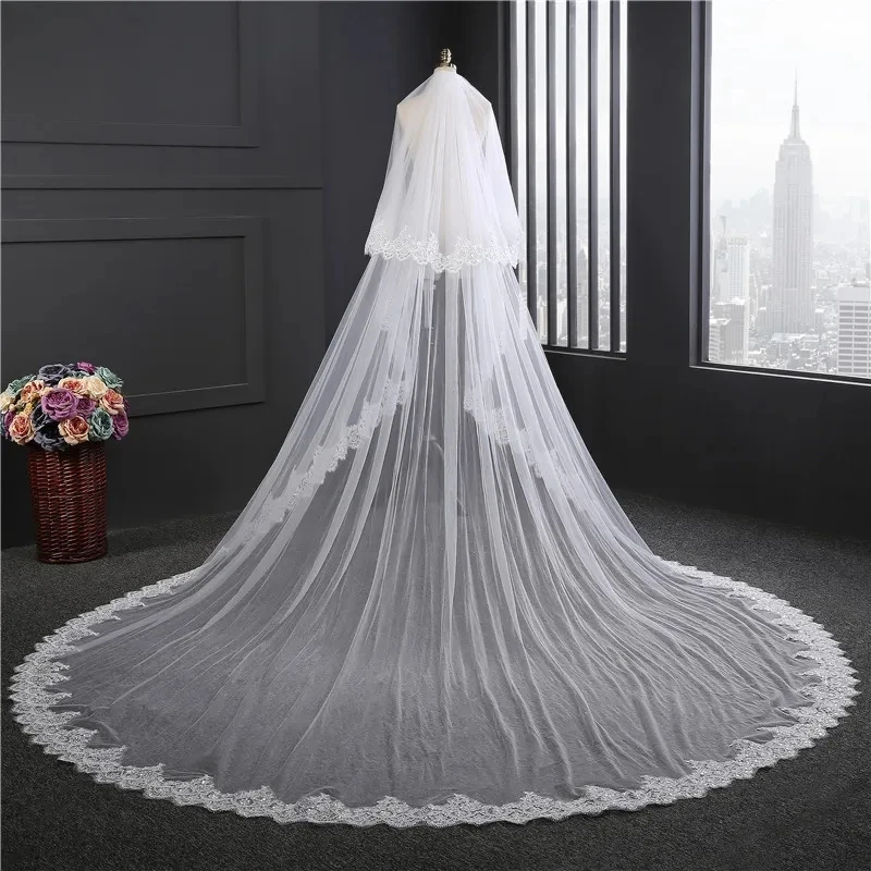 White/Ivory Cathedral Bridal Veil, Sparkling Lace Veil, Double Layered Wedding Veil, Bridal Accessories
