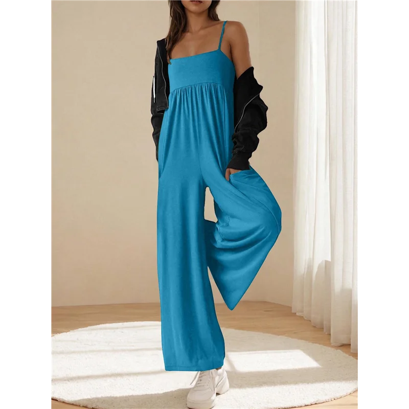 CYL-جمبسوت للنساء بحزام سباغيتي واسع الساق وزرة صيفية مع جيوب